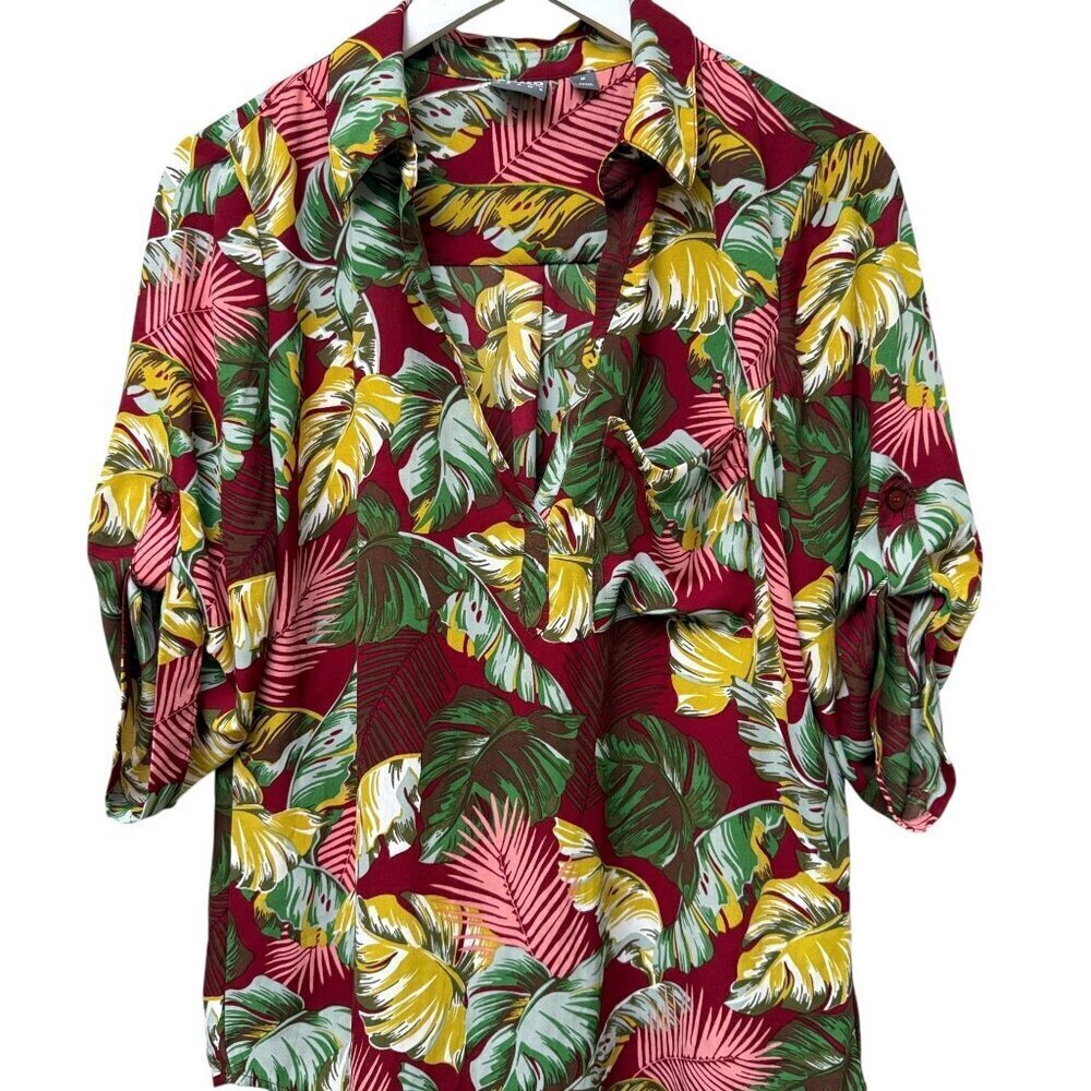 Soho New York & Co. Blouse Medium Red Tropical Palms 3/4 Sleeve Top Hawaiian